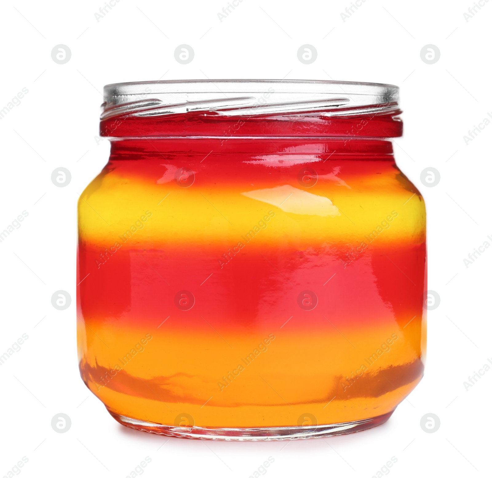 Photo of Tasty layered jelly dessert in glass jar on white background