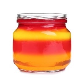 Tasty layered jelly dessert in glass jar on white background