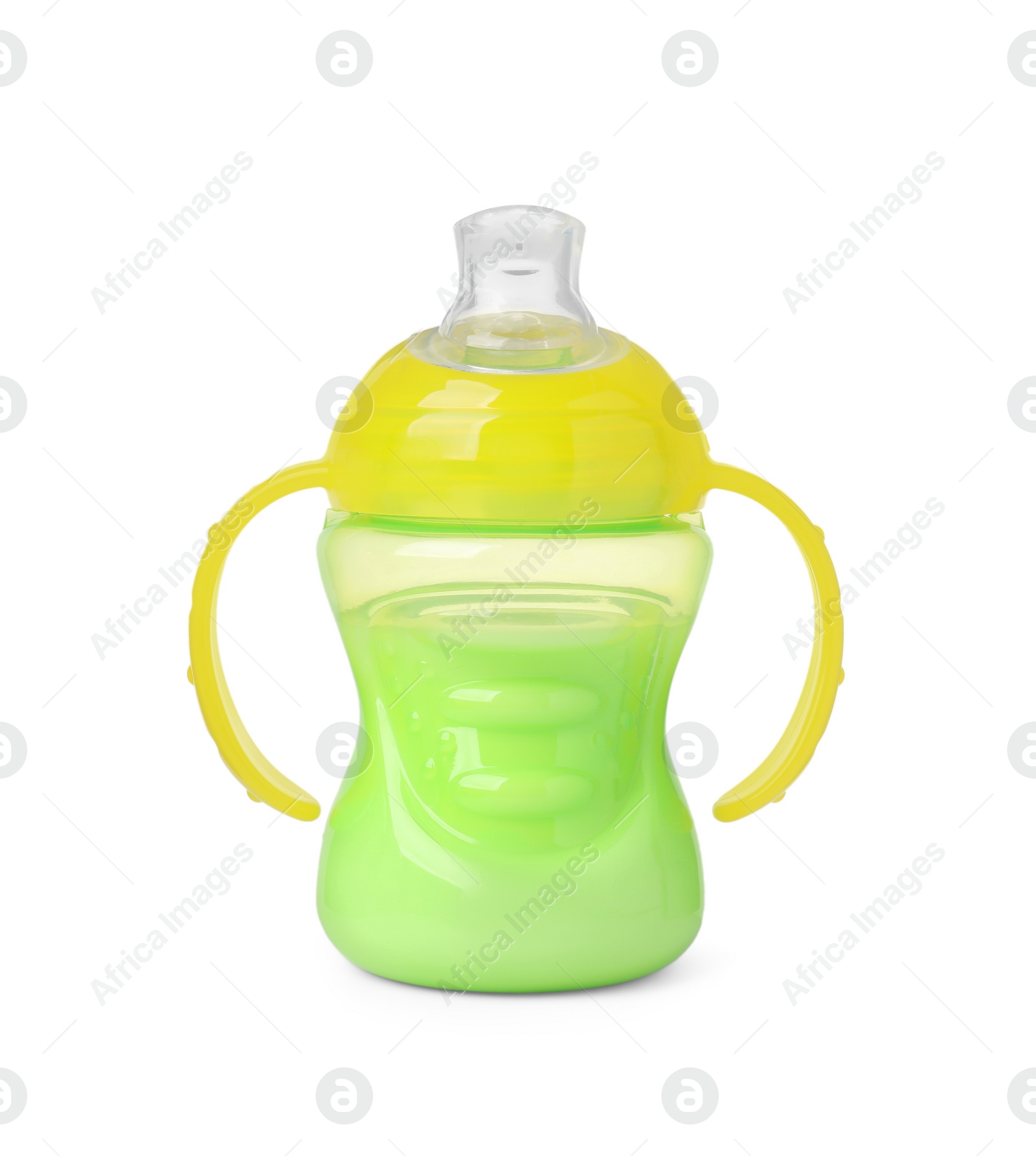 Photo of One feeding bottle with milk on white background