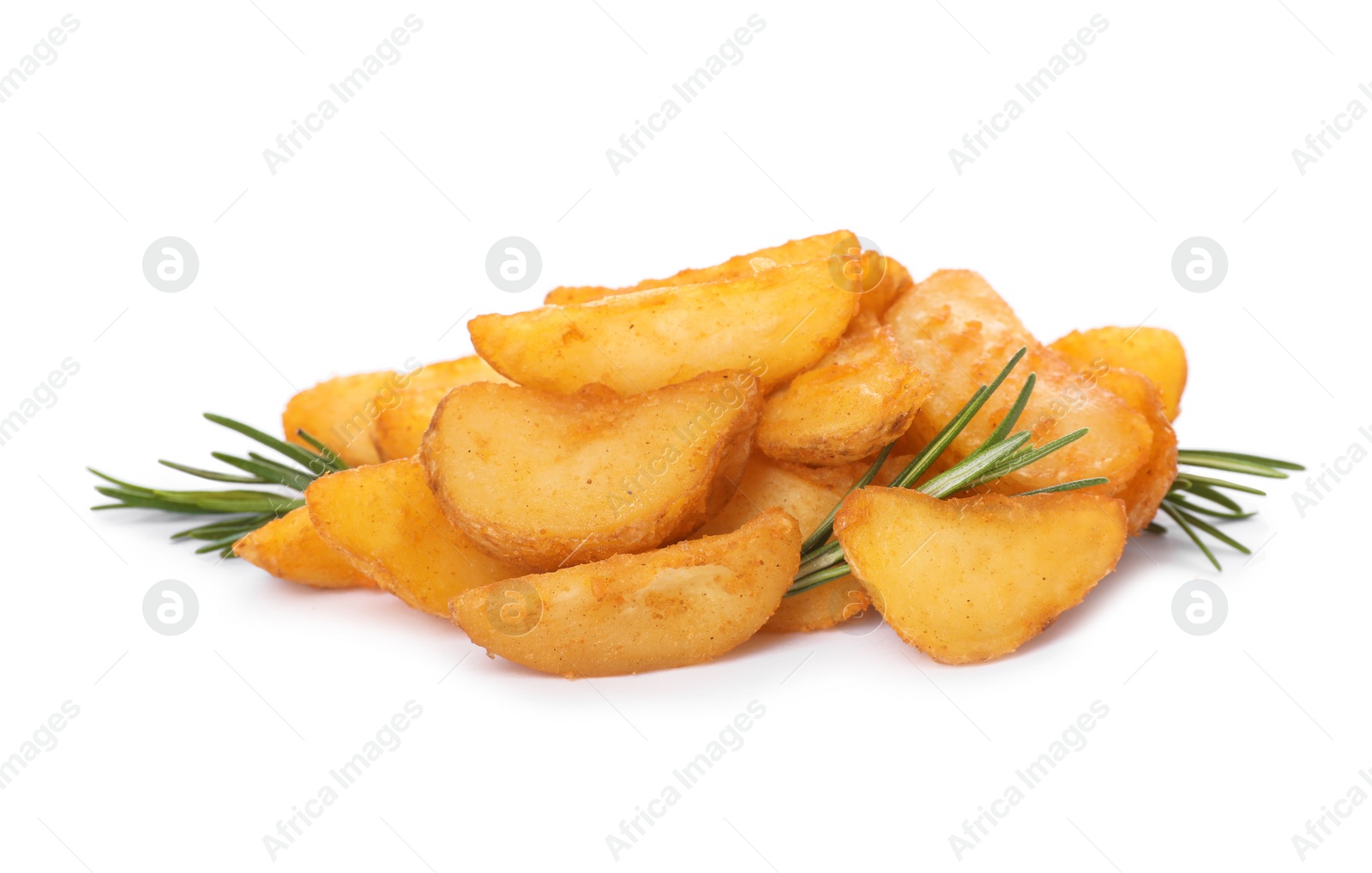 Photo of Baked potatoes with rosemary on white background