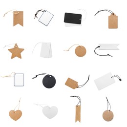 Image of Set with different blank tags on white background, top view. Space for text