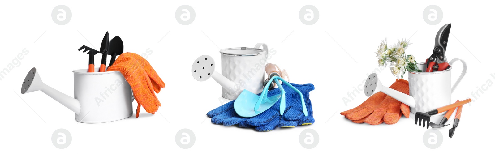 Image of Set with watering cans and different gardening tools on white background. Banner design