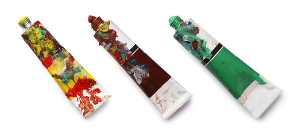 Image of Set of tubes with colorful oil paints on white background, top view