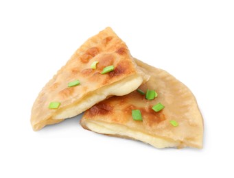 Photo of Cut delicious fried cheburek with cheese and green onion isolated on white