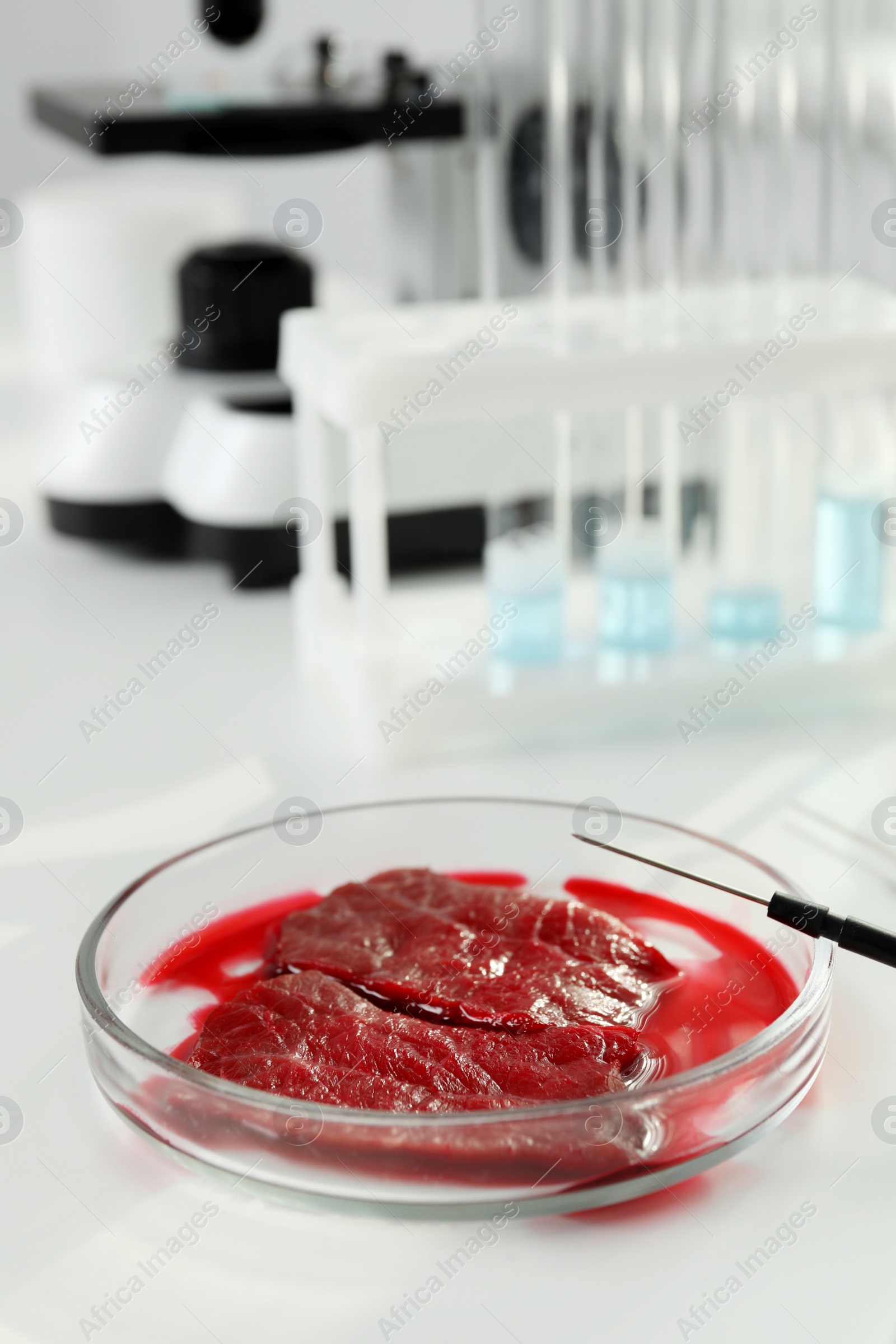 Photo of Petri dish with pieces of raw cultured meat on white table in laboratory, space for text