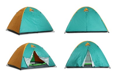 Image of Colorful camping tents on white background, collage 