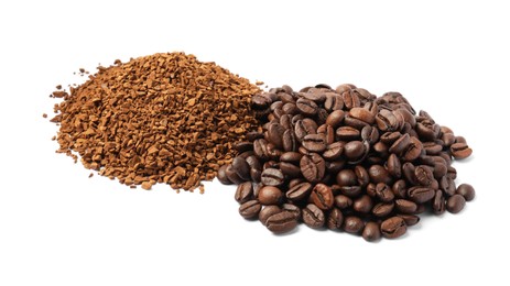 Photo of Heap of instant coffee and beans on white background