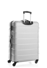 Photo of Grey suitcase for travelling on white background