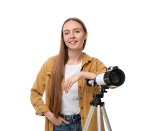 Photo of Happy astronomer with telescope on white background