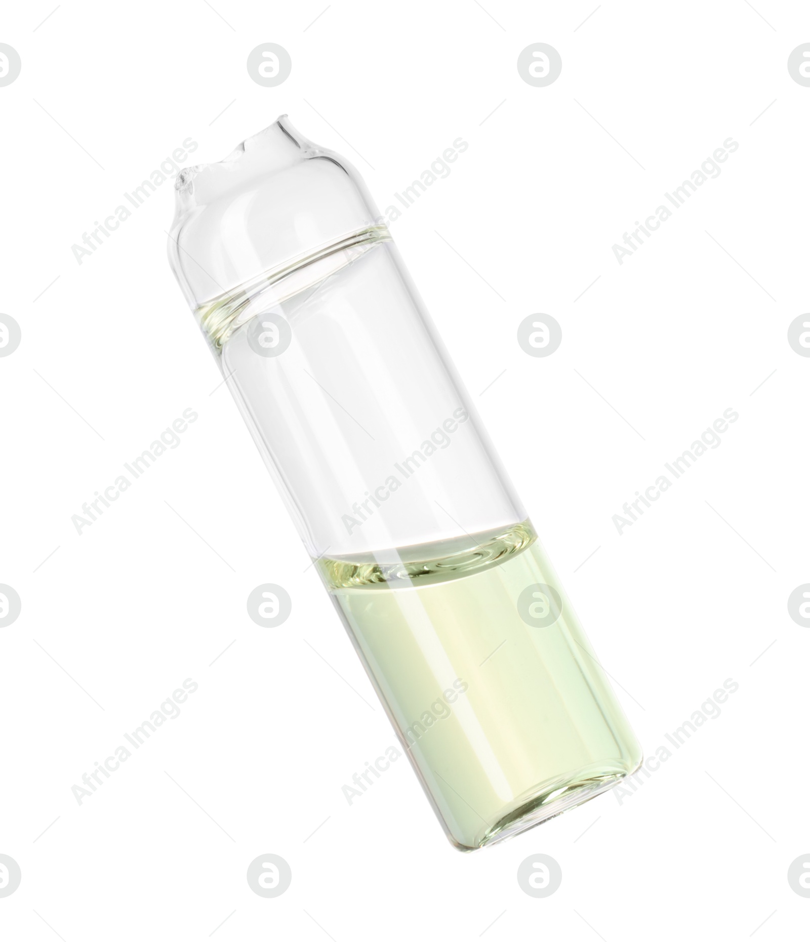 Photo of Open glass ampoule with liquid isolated on white