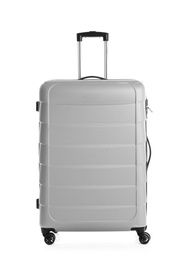 Grey suitcase for travelling on white background