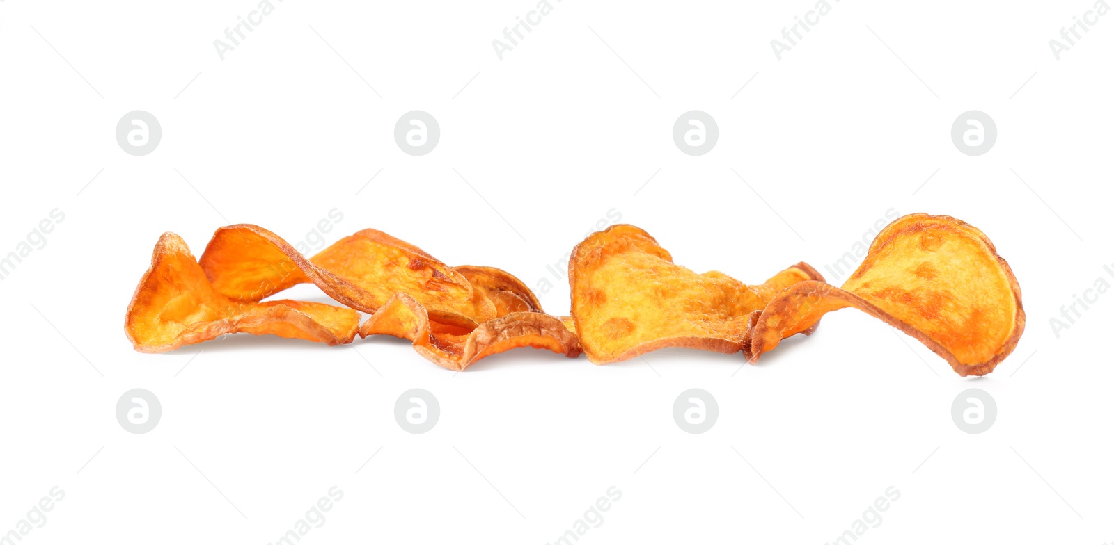 Photo of Tasty sweet potato chips isolated on white