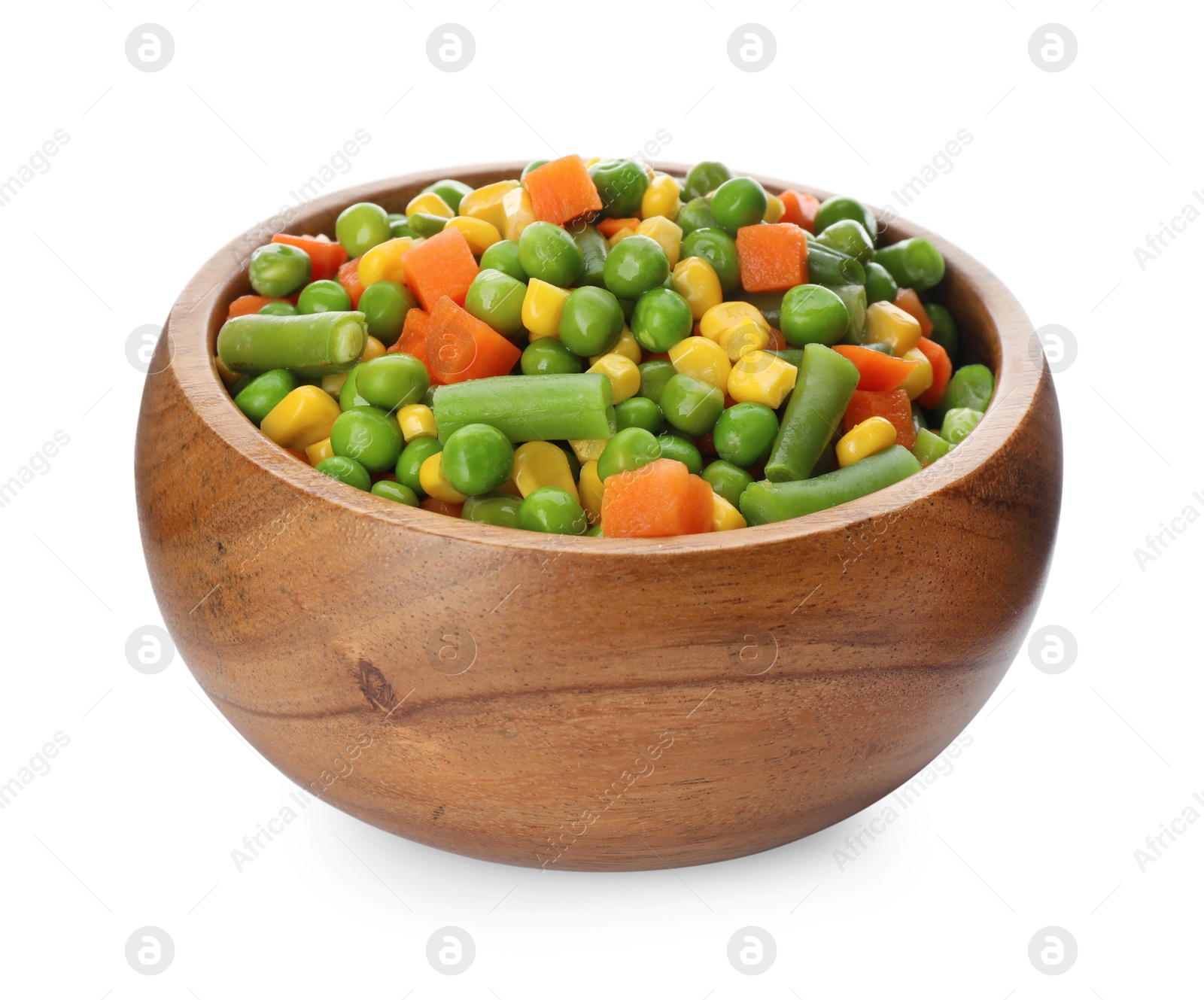 Photo of Mix of fresh vegetables in wooden bowl on white background