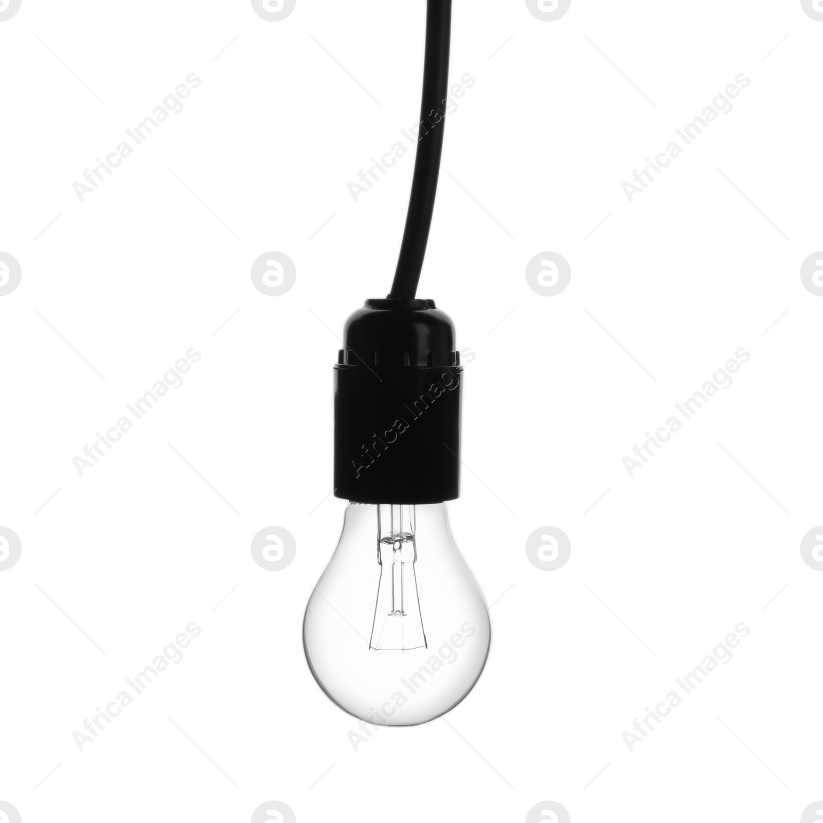 Photo of Hanging incandescent light bulb on white background. Modern lamp