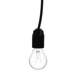 Photo of Hanging incandescent light bulb on white background. Modern lamp