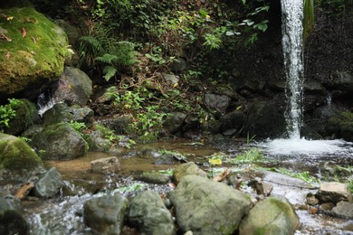 Picturesque view of mountain waterfall, stones and green plants