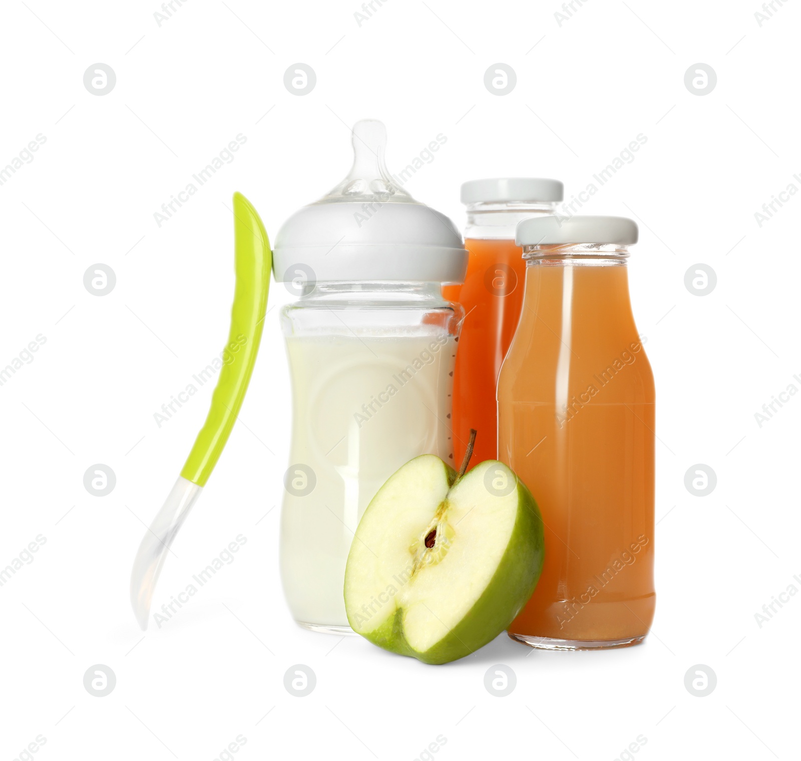 Photo of Bottles with juice, milk and apple isolated on white. Baby nutrition