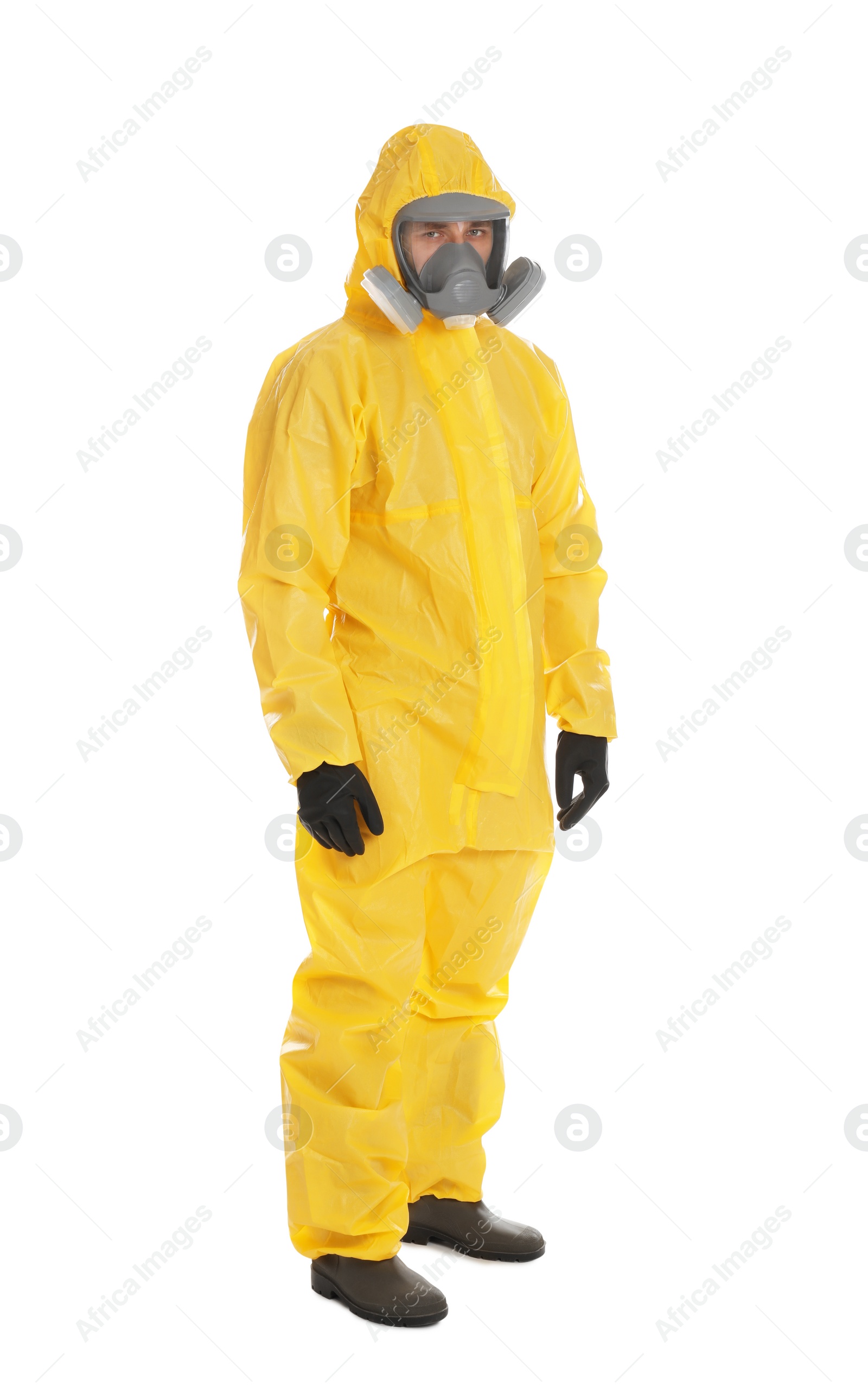 Photo of Man wearing chemical protective suit on white background. Prevention of virus spread