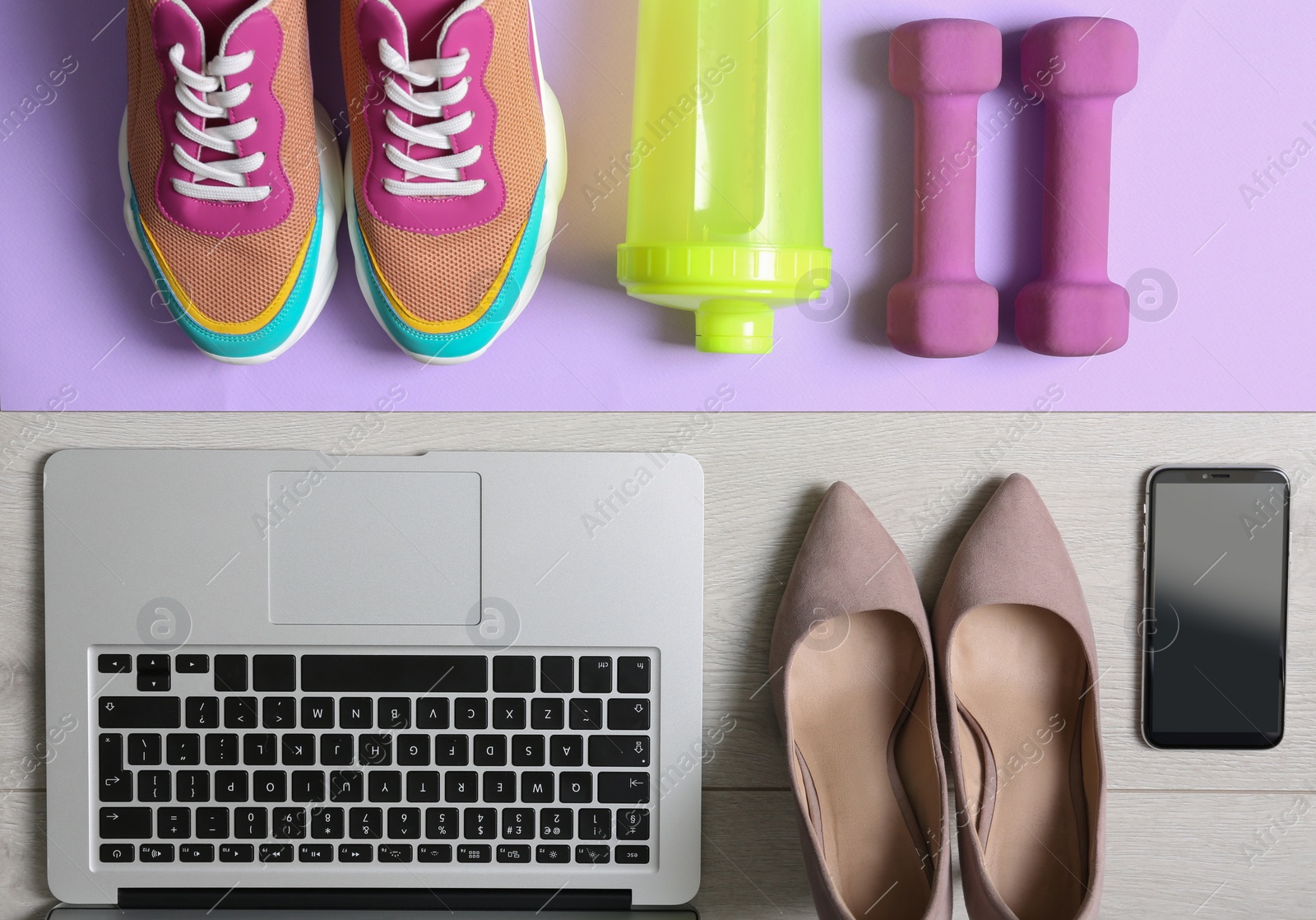 Photo of Flat lay composition with business items and sport accessories on color background. Concept of balance between work and life