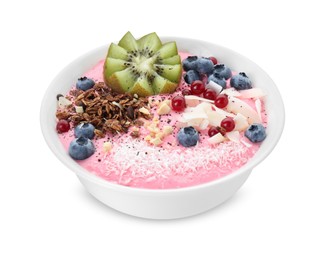 Photo of Tasty smoothie bowl with fresh kiwi fruit, berries and granola isolated on white