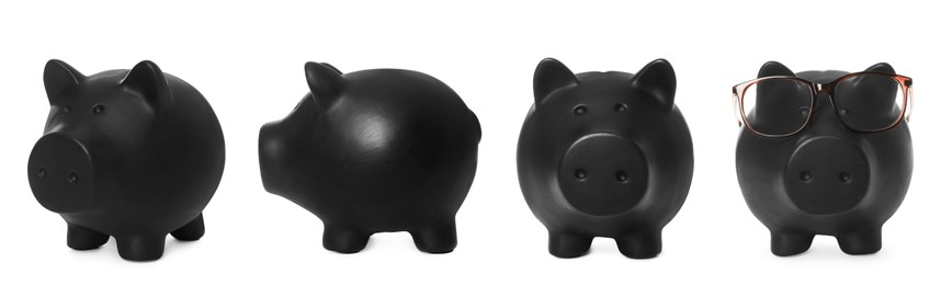 Image of Set with piggy banks on white background. Banner design