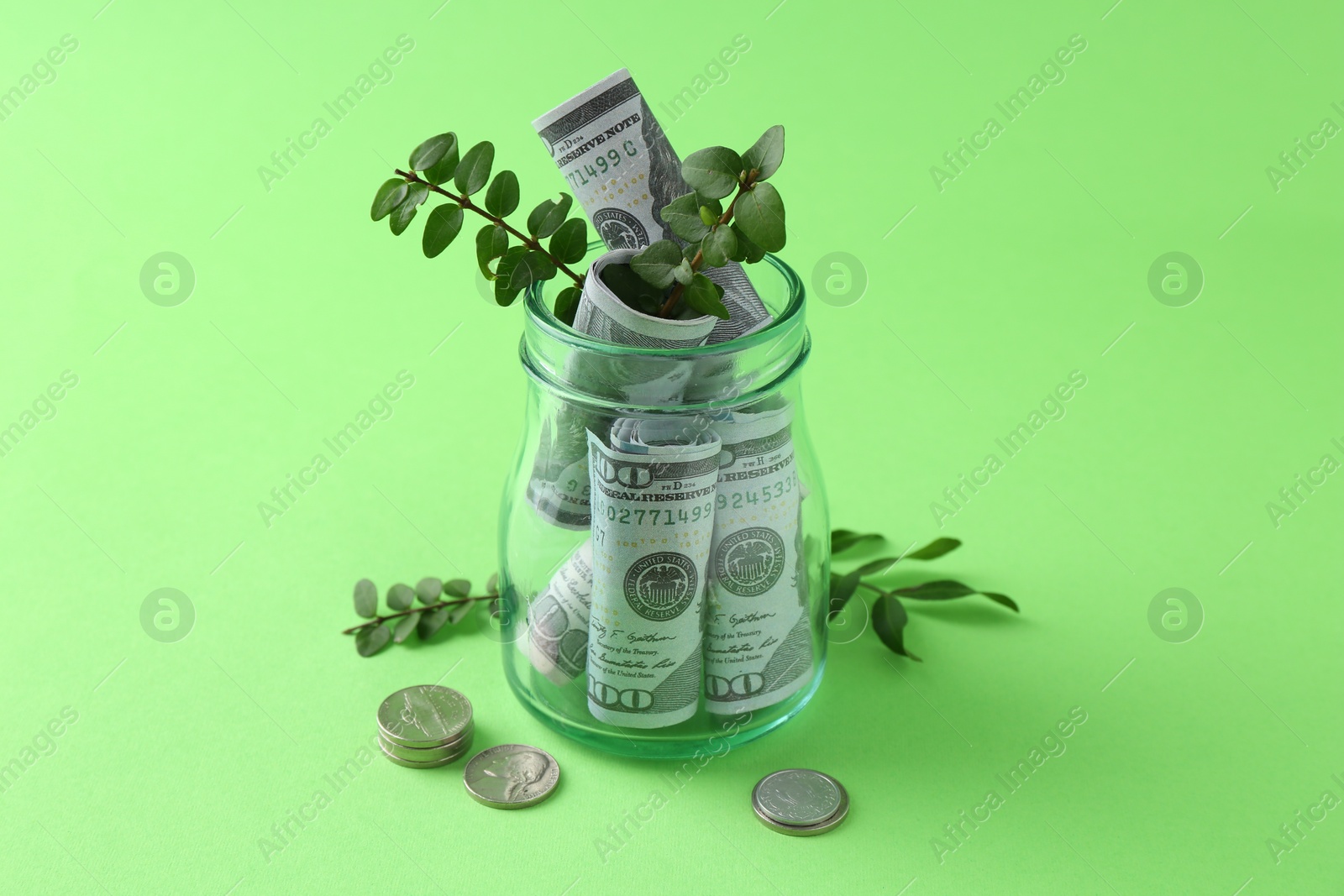 Photo of Financial savings. Dollar banknotes in glass jar, twigs and coins on green background