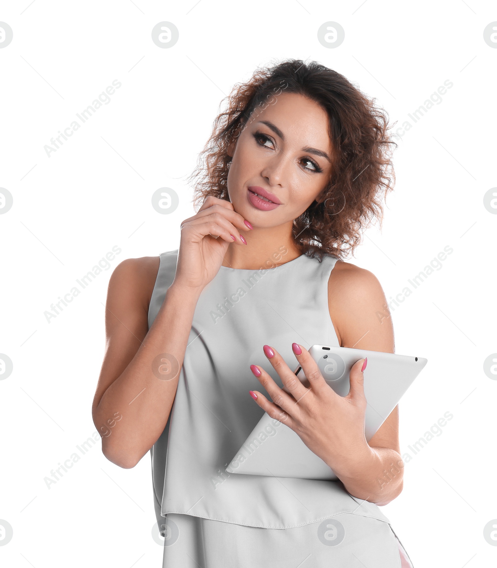 Photo of Beautiful woman with tablet on white background