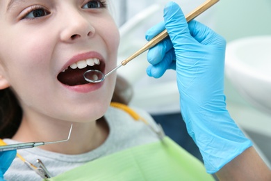 Photo of Professional dentist working with little patient in clinic, closeup