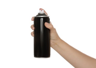 Photo of Woman holding black can of spray paint on white background, closeup