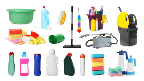 Image of Set with different cleaning supplies on white background, banner design 