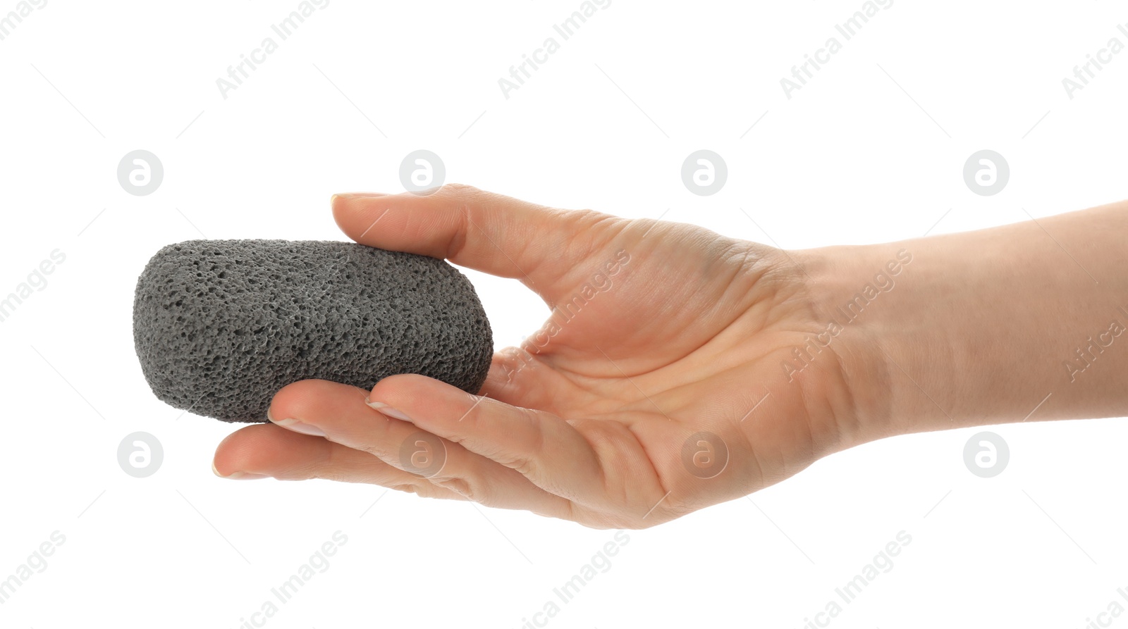 Photo of Woman holding pumice stone on white background, closeup