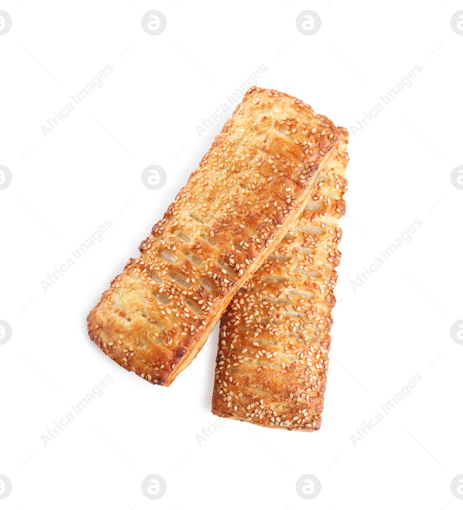 Photo of Fresh tasty puff pastry on white background, top view