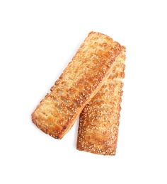 Photo of Fresh tasty puff pastry on white background, top view