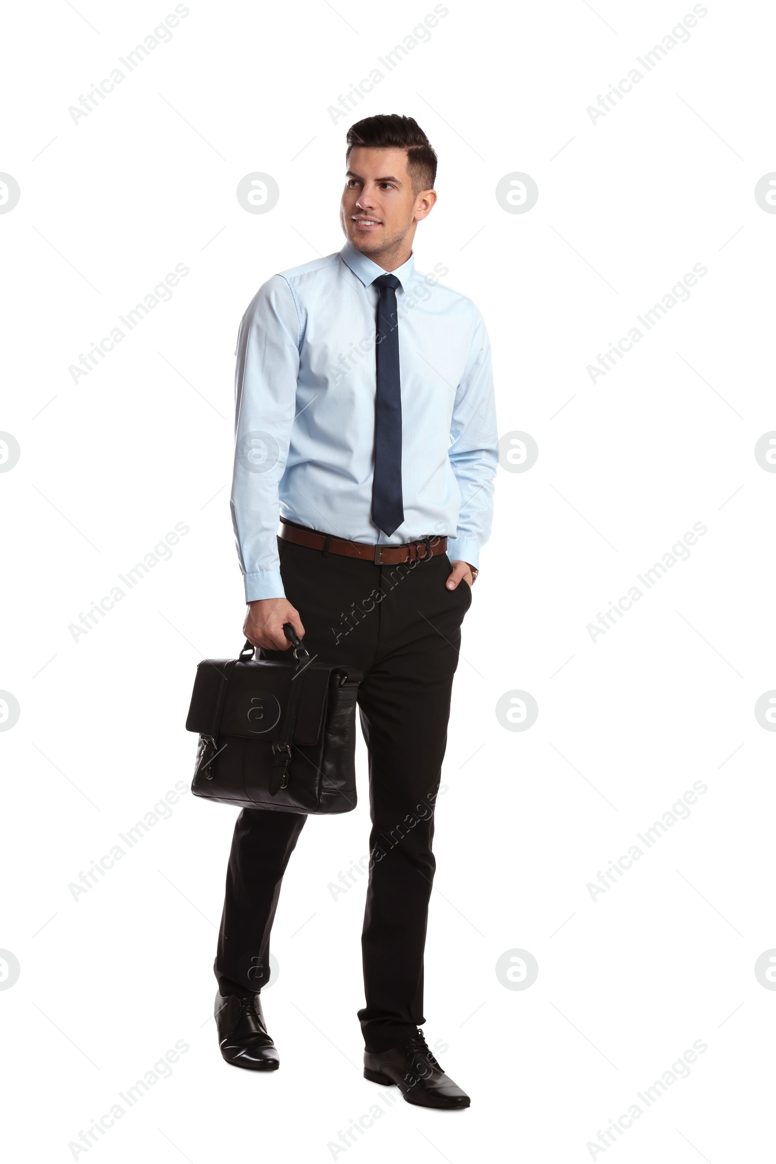 Photo of Businessman with stylish leather briefcase on white background