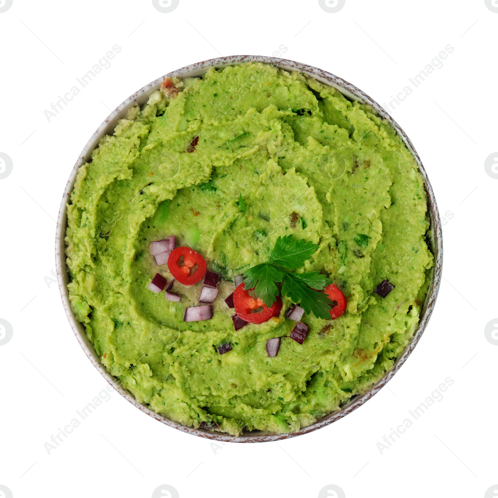 Photo of Bowl of delicious guacamole isolated on white, top view