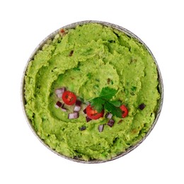 Bowl of delicious guacamole isolated on white, top view