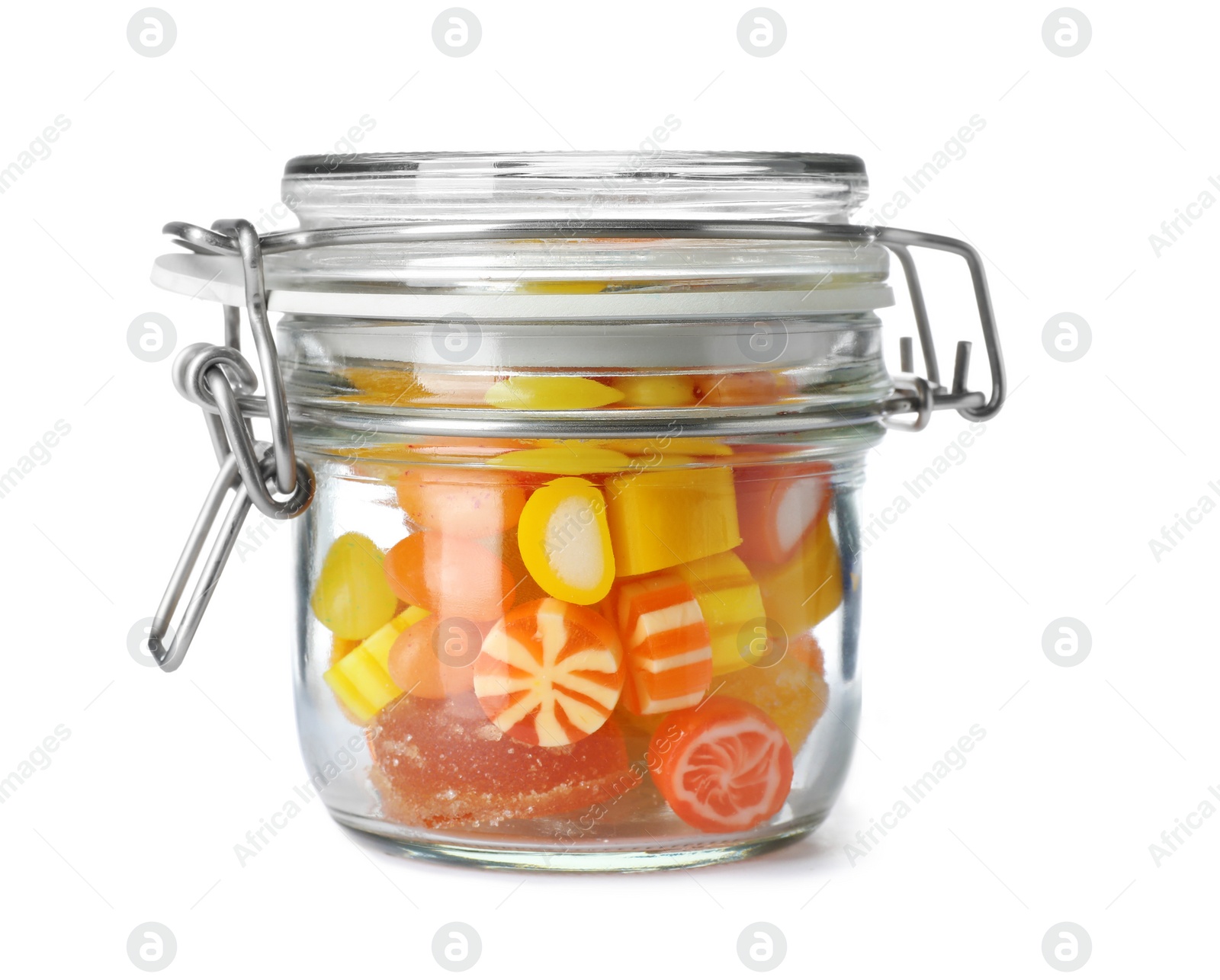 Photo of Jar with delicious colorful candies on white background