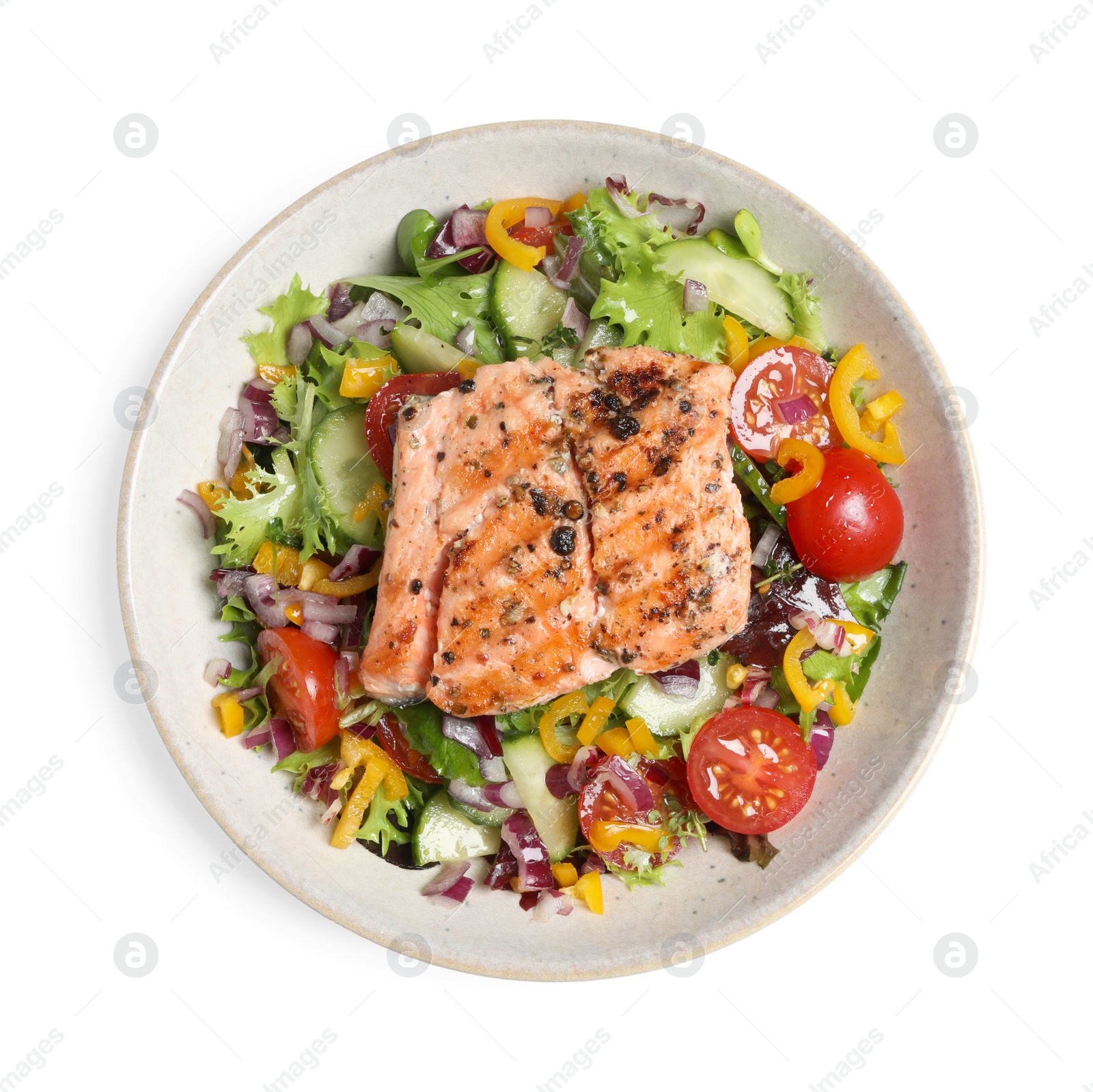 Photo of Bowl with tasty salmon and mixed vegetables on white background, top view