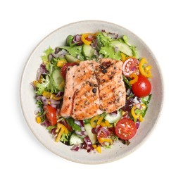 Photo of Bowl with tasty salmon and mixed vegetables on white background, top view