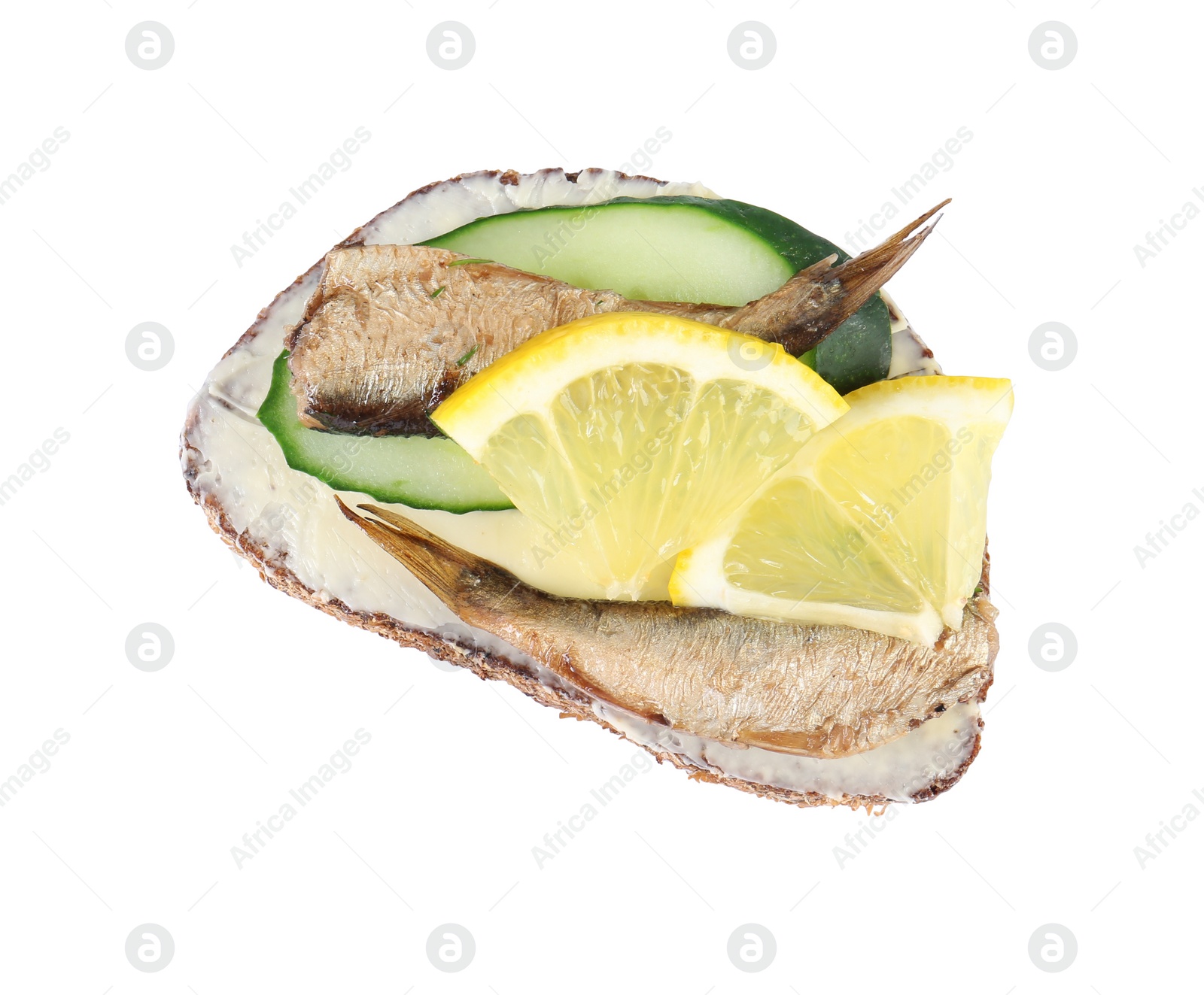 Delicious sandwich with smoked sprats, fresh cucumber and lemon isolated on white, top view Photo of Delicious sandwich with smoked sprats, fresh cucumber and lemon isolated on white, top view