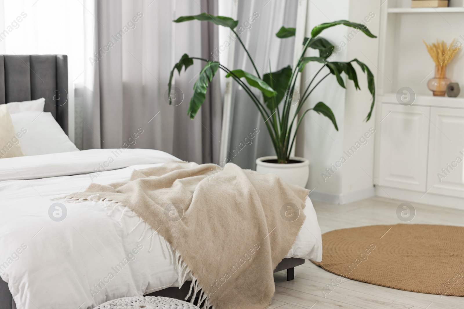 Photo of Soft beige plaid on bed in stylish bedroom. Interior design