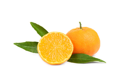 Photo of Fresh ripe tangerines with leaves isolated on white. Citrus fruit