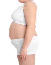 Overweight woman on white background, closeup. Weight loss