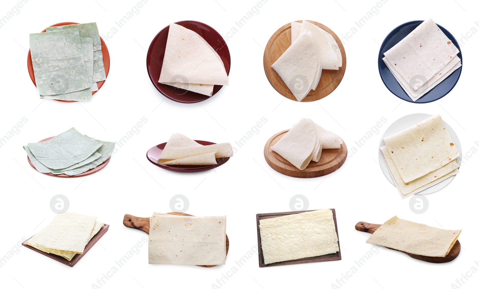 Image of Set with tasty Armenian lavash on white background