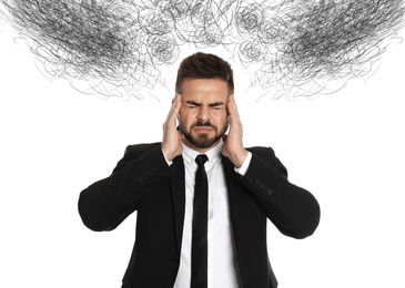 Image of Stressed businessman with mess in his head on white background