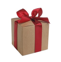 Photo of Christmas gift. Box with red ribbon bow on white background