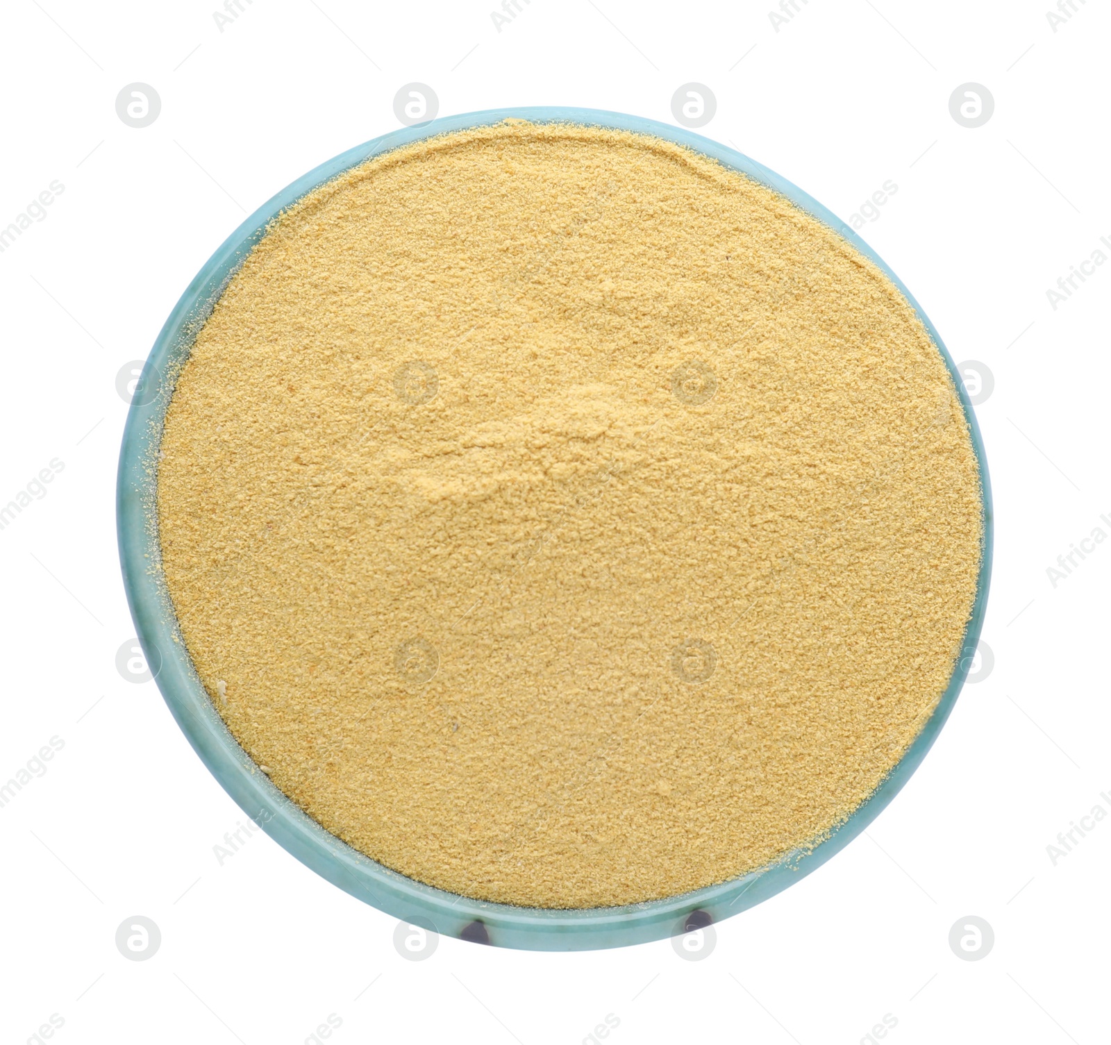 Photo of Brewer's yeast powder in bowl isolated on white, top view