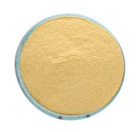 Photo of Brewer's yeast powder in bowl isolated on white, top view