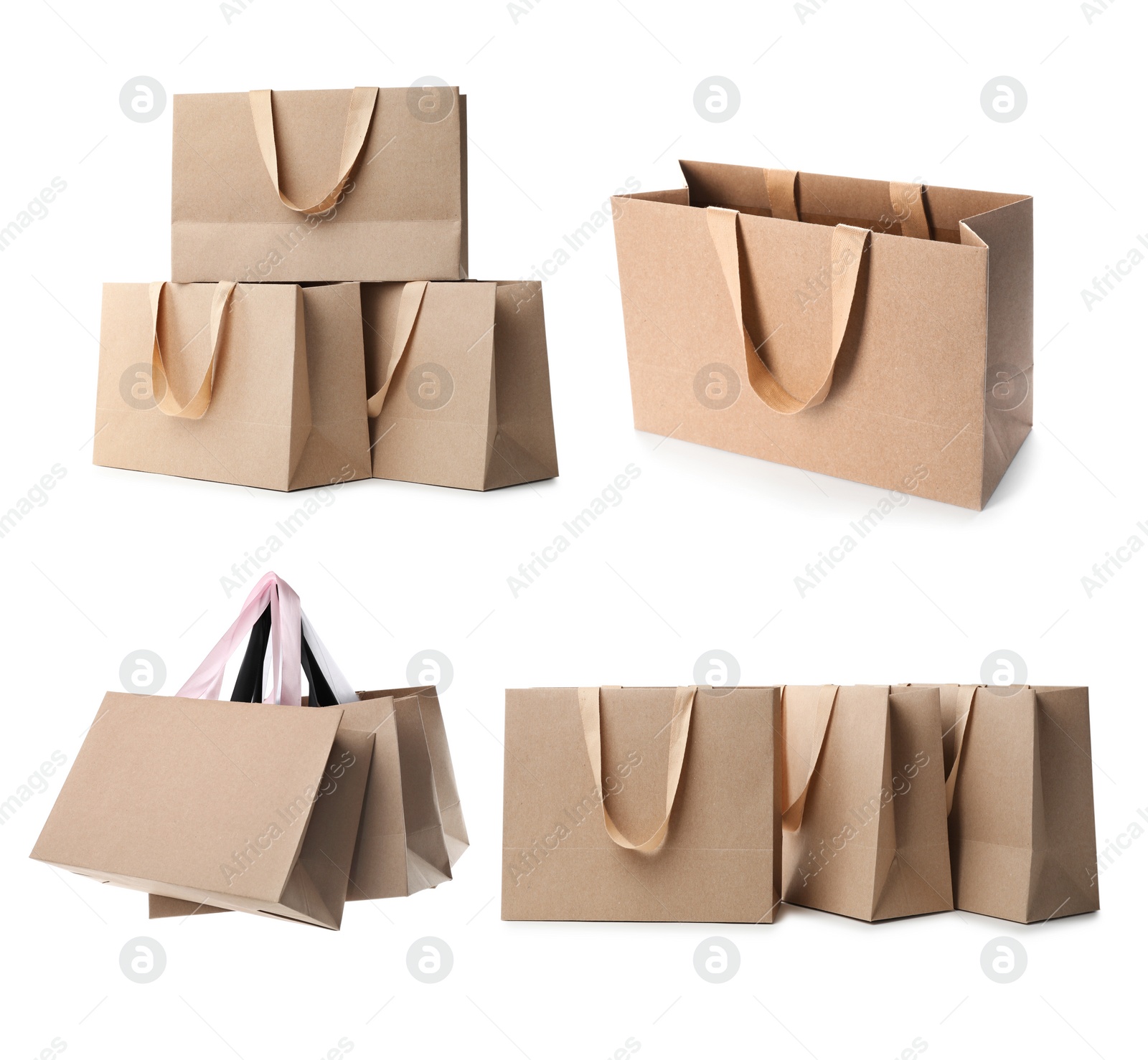 Image of Set with kraft paper shopping bags on white background