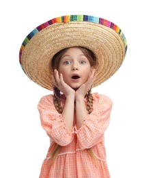 Photo of Emotional girl in Mexican sombrero hat on white background